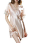 Elegant Women's Satin A-Line Mini Dress with Lace Bow, V-Neck, Solid Color for Home Lounge