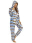 Christmas Women Flannel Elk Graphics Pocket Hooded Jumpsuits Cozy Warm Sleepwear