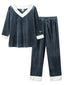 Women's Cozy Velour Pajama Set with Contrast V-Neck & Embroidered Cuffs