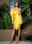 LOVE&LEMONADE Sexy Yellow One-Shoulder Puff Sleeve Ribbon Decoration Bodycon Party Dress LM81825 Autumn/Winter