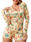Plus Size Women Cartoon Print V-Neck Long Sleeve Onesies Home Sleepwear Rompers