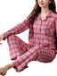 Women's Plaid Revere Collar Shirt & Elastic Waist Pants Pajama Set