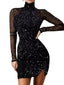 Women‘s Party Dress Wedding Guest Dress Sequin Dress Holiday Dress Mini Dress Black Long Sleeve Pure Color Sequins
