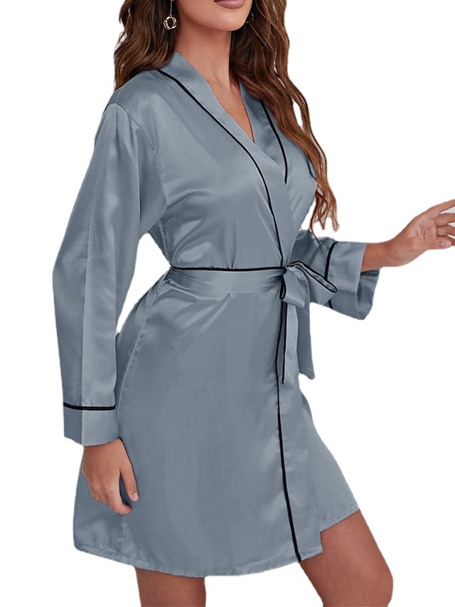 Elegant Women's Satin V-Neck Wrap Mini Dress - Luxury Solid Color Lounge Wear