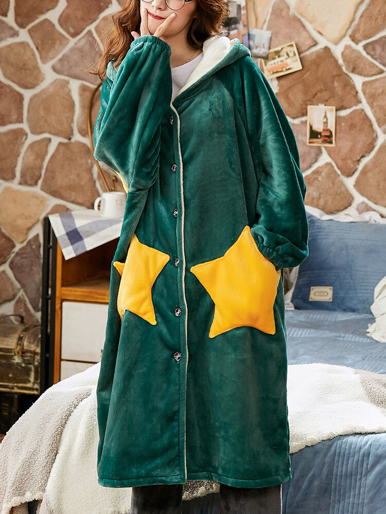 Women's Warm Hooded Coral Fleece Robe with Double Star Pockets