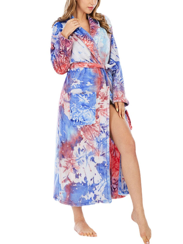 Women's Tie Dye Flannel Long Sleeve Robe with Double Pockets