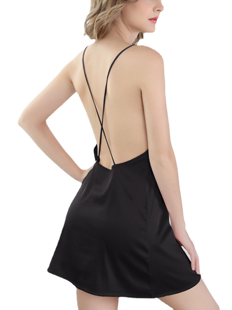 Women's Backless Faux Silk Nightgown with Side Split