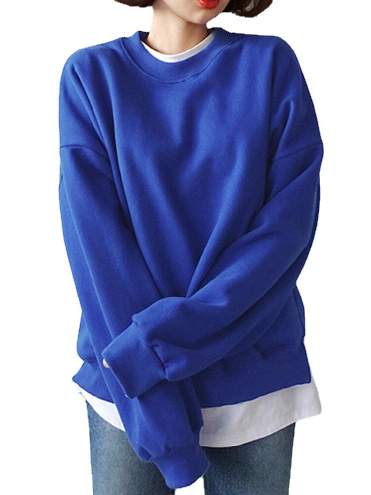 Women Solid Color Thick Round Neck Puff Sleeve Narrow Cuff Long Sleeve Pullover Sweatshirt