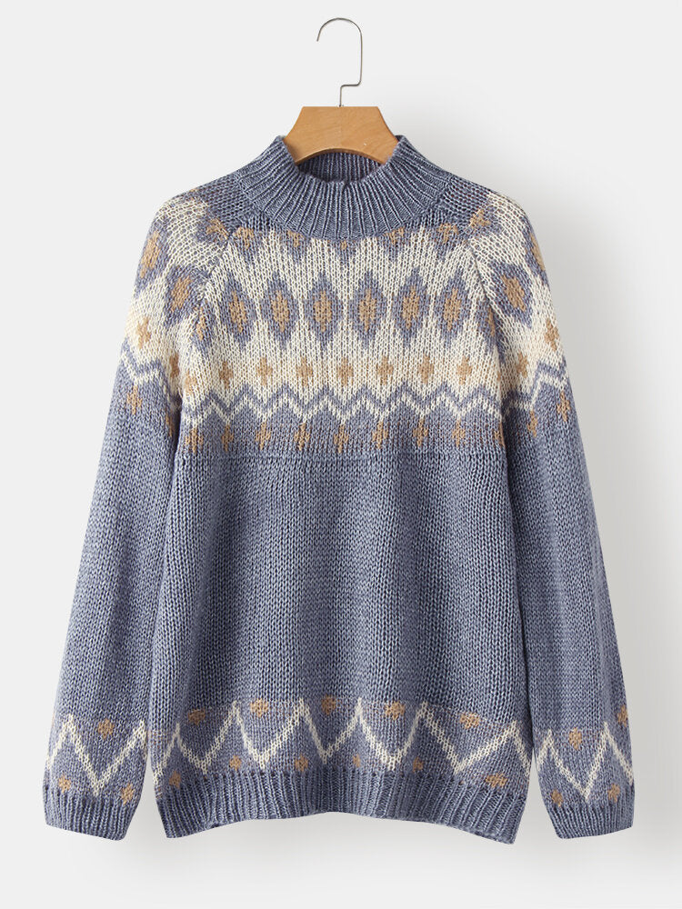 Women Vintage Pattern Knit Raglan Sleeve Casual Pullover Sweaters
