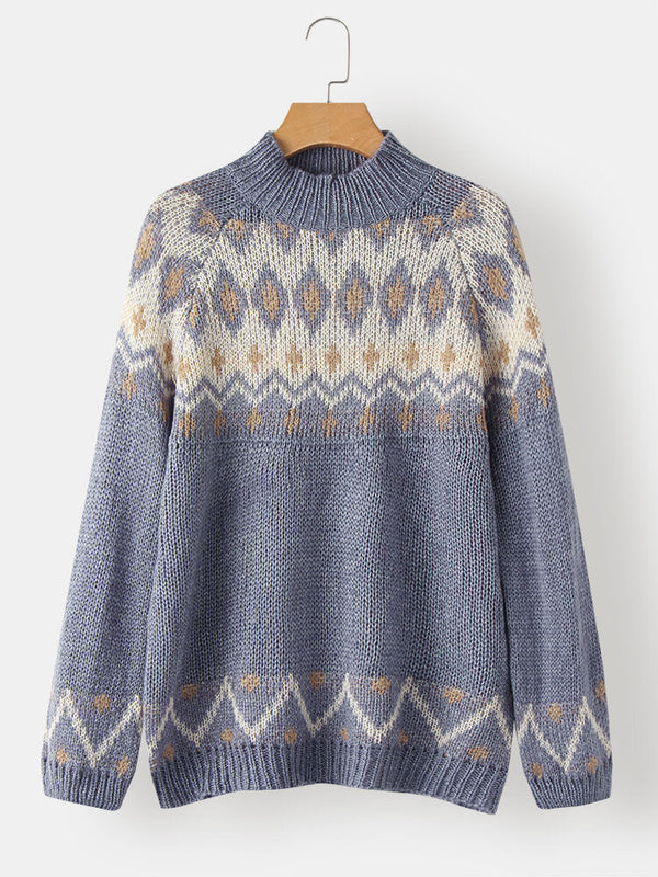 Women Vintage Pattern Knit Raglan Sleeve Casual Pullover Sweaters