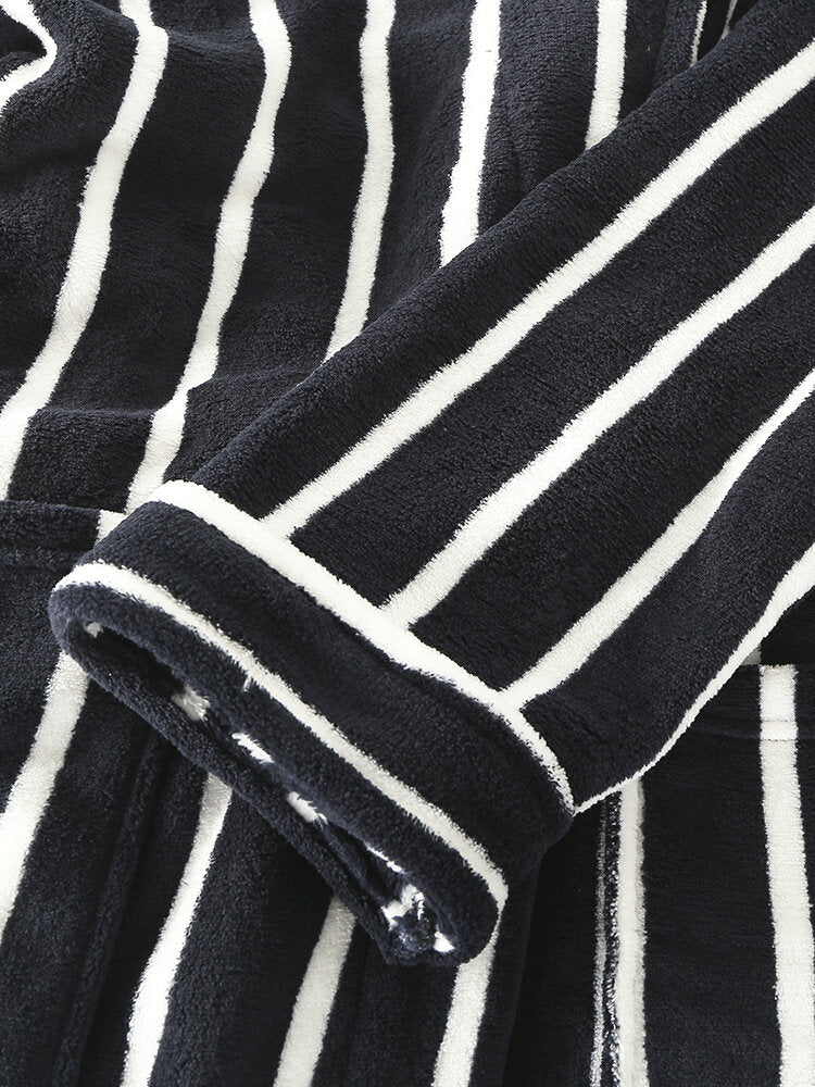 Men Basic Striped Print Flannel Winter Thick Mid-Length Home Lounge Robes