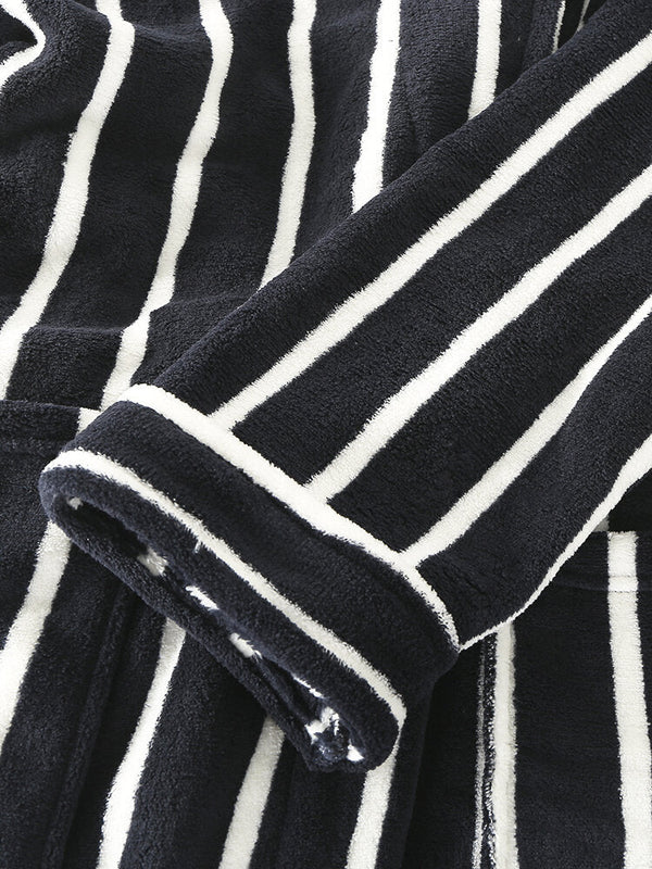 Men Basic Striped Print Flannel Winter Thick Mid-Length Home Lounge Robes
