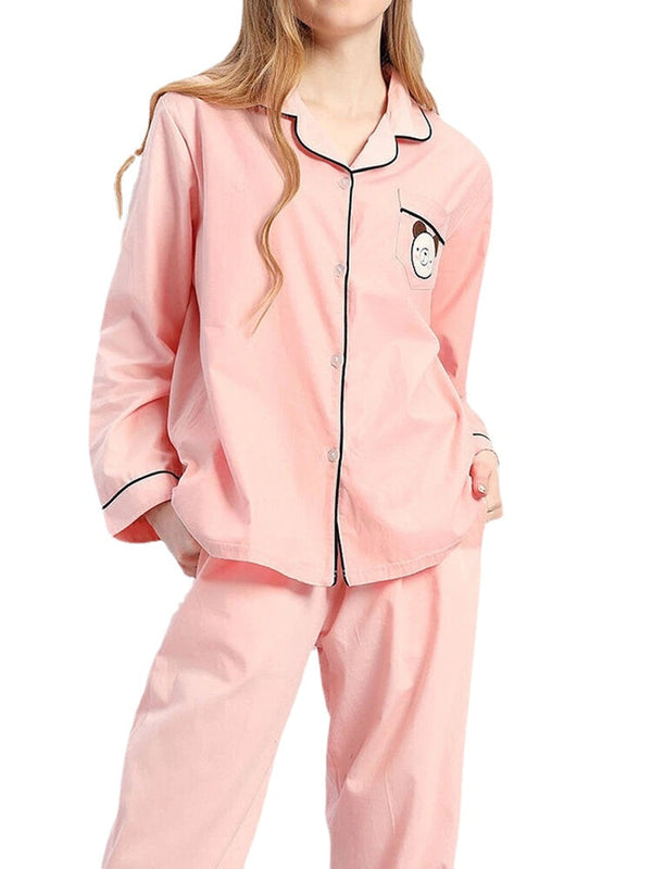 Plus Size Women's Cotton Cartoon Applique Lapel Pajama Set with Contrast Binding