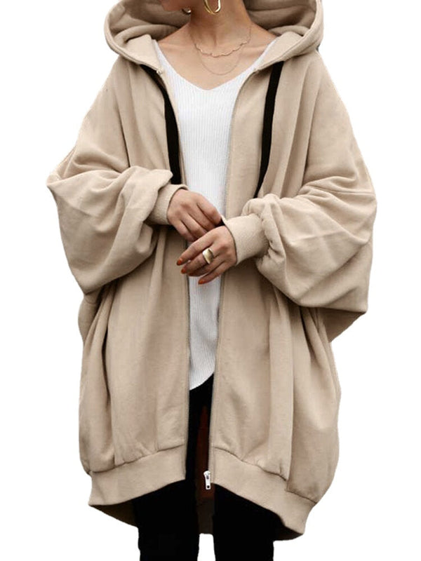 Women Zipper Up Outer Wear Loose Long Solid Hooded Sweatshirt