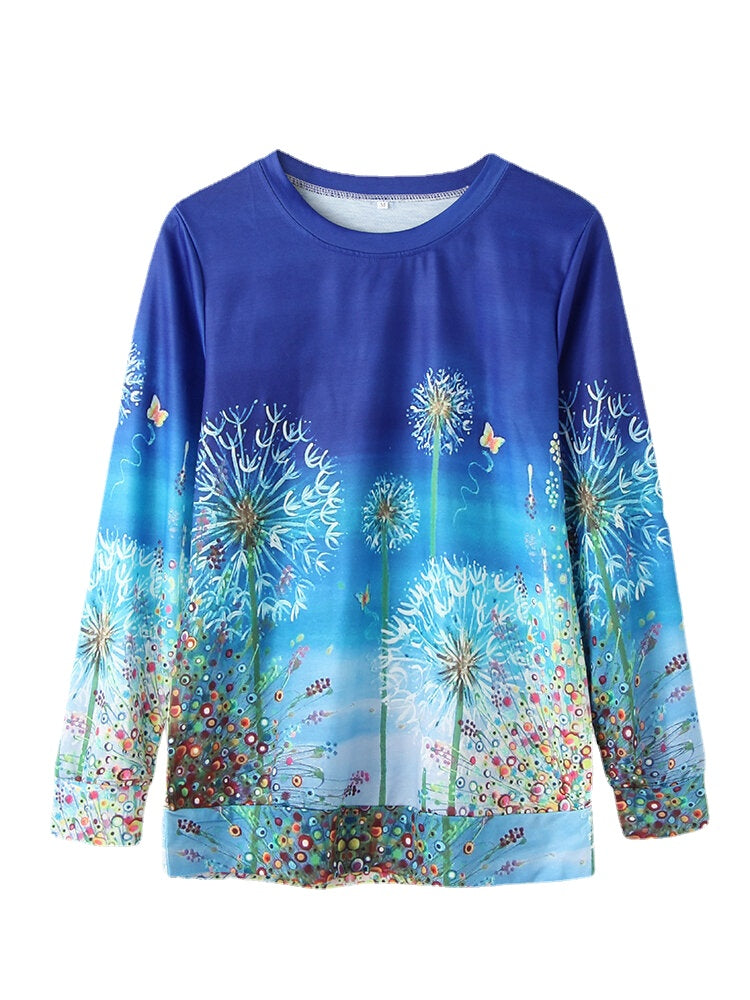 Women Flower Printed Ombre Long Sleeve O-Neck Daily T-Shirt