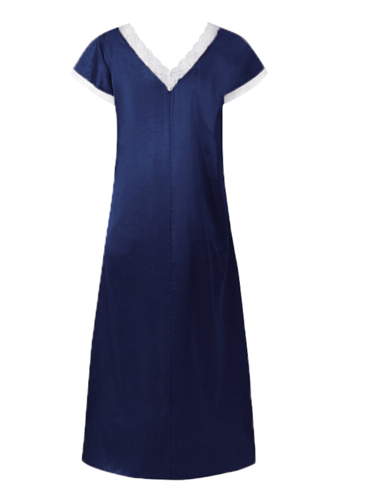 Women's Lace Spliced Short Sleeve Casual Nightgown Secondary image