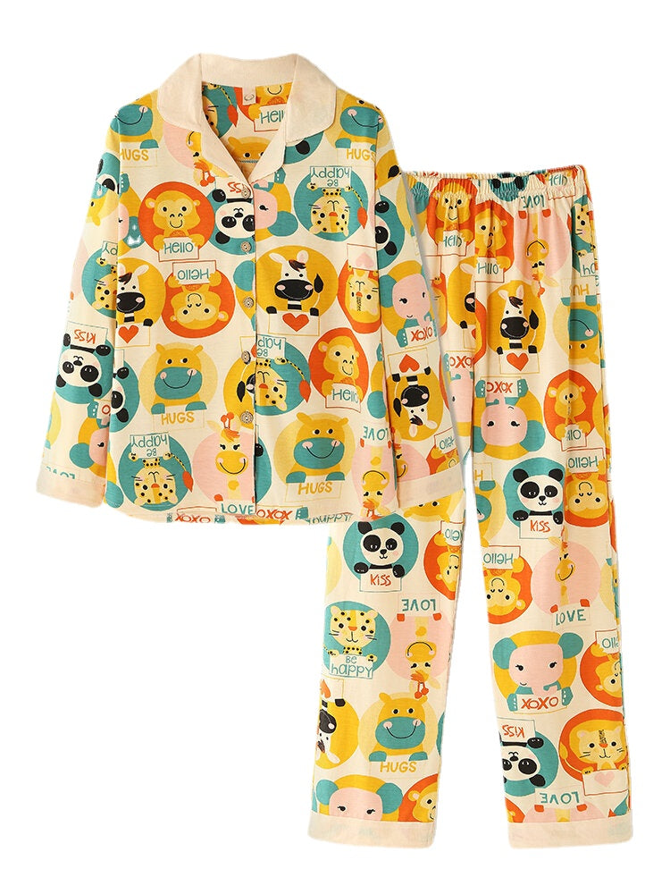 Women's Cartoon Animal Print Cotton Pajama Set - Button Up, Long Sleeve, Elastic Waist Main image