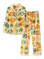 Women's Cartoon Animal Print Cotton Pajama Set - Button Up, Long Sleeve, Elastic Waist