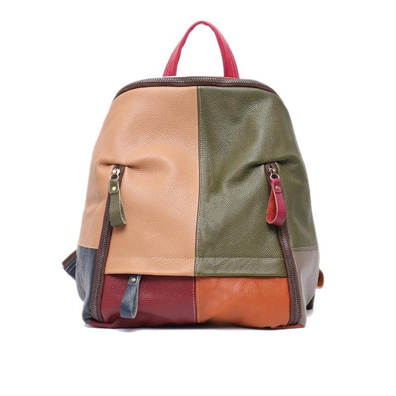 Vintage Functional Women's Patchwork Leather Knapsack For Travel School Main image