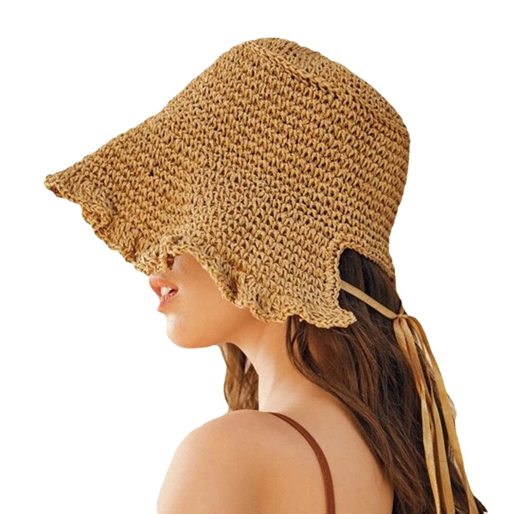 Women Fungus Edge Back Opening Bowknot Straw Hat Summer Sun Protection Bucket Hat Secondary image