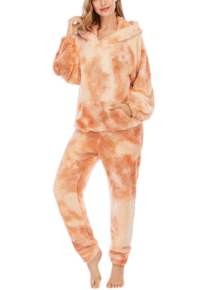 Women's Tie Dye Plush Fleece Hoodie & Pants Pajama Set with Pockets Secondary image