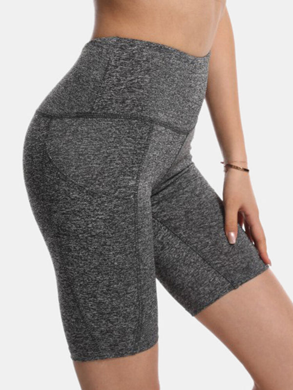 Sport Women Solid Color Elastic High Waist Yoga Running Biker Shorts With Pocket