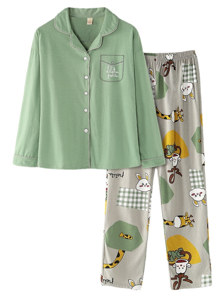 Women's Cartoon Print Pajama Set: Elastic Waist, Pocket Pants
