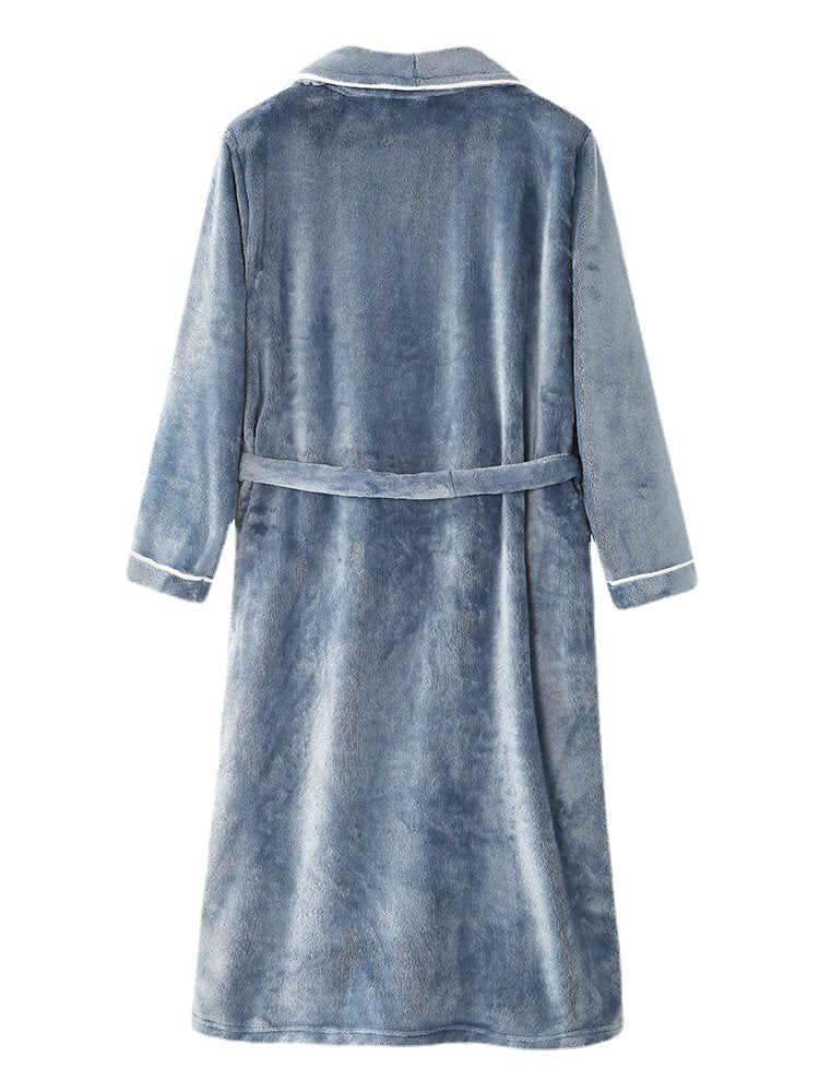 Men Flannel Lapel Double Pocket Warm Belted Robes With Contrast Binding Secondary image