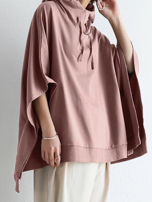 Women Solid Color Turtleneck Collar Dolman Sleeveless Retro Hooded Sweatshirt