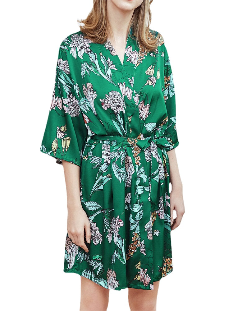 Plus Size Floral Print Half Sleeve Faux Silk Sleepwear Robe for Women