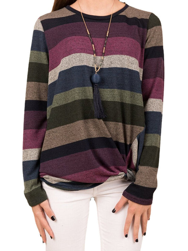 Women Multi-Color Striped O-Neck Twist Hem Long Sleeve T-Shirt