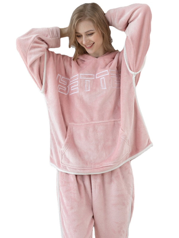 Women's Flannel Embroidered Hoodie & Elastic Waist Pajama Set