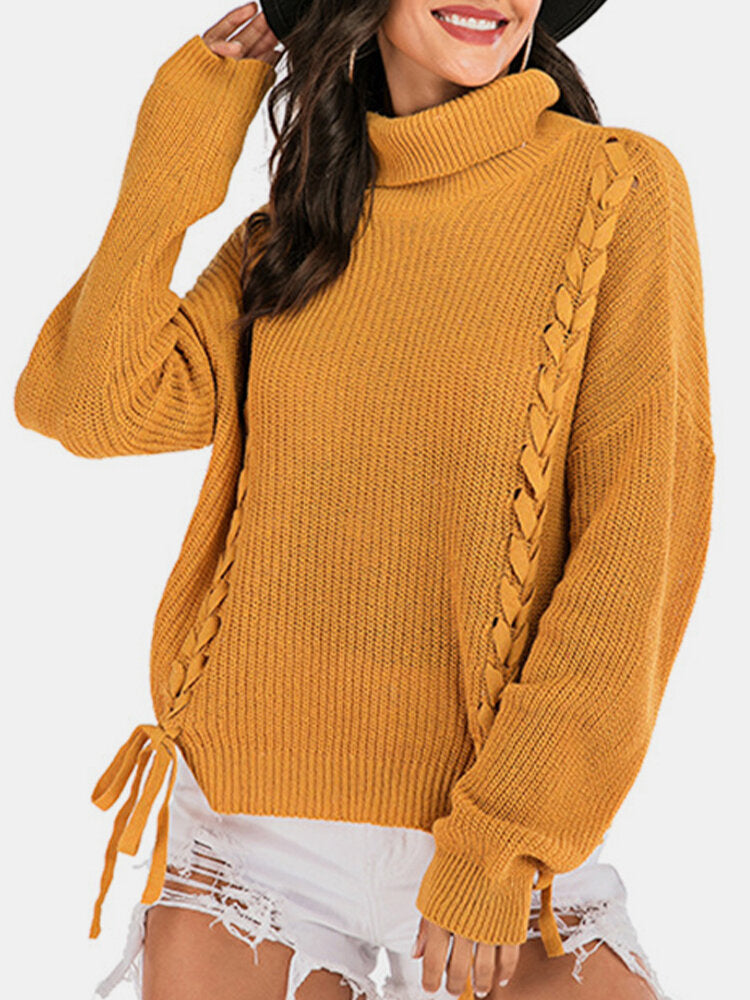 Women Bandage High Neck Pullover Warm Yellow Knitting Sweaters Secondary image