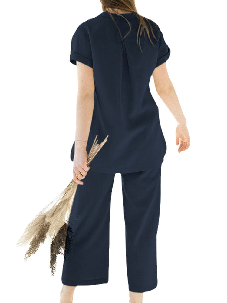 Leisure Solid Split Elastic Waist Short Sleeve Cotton Suit