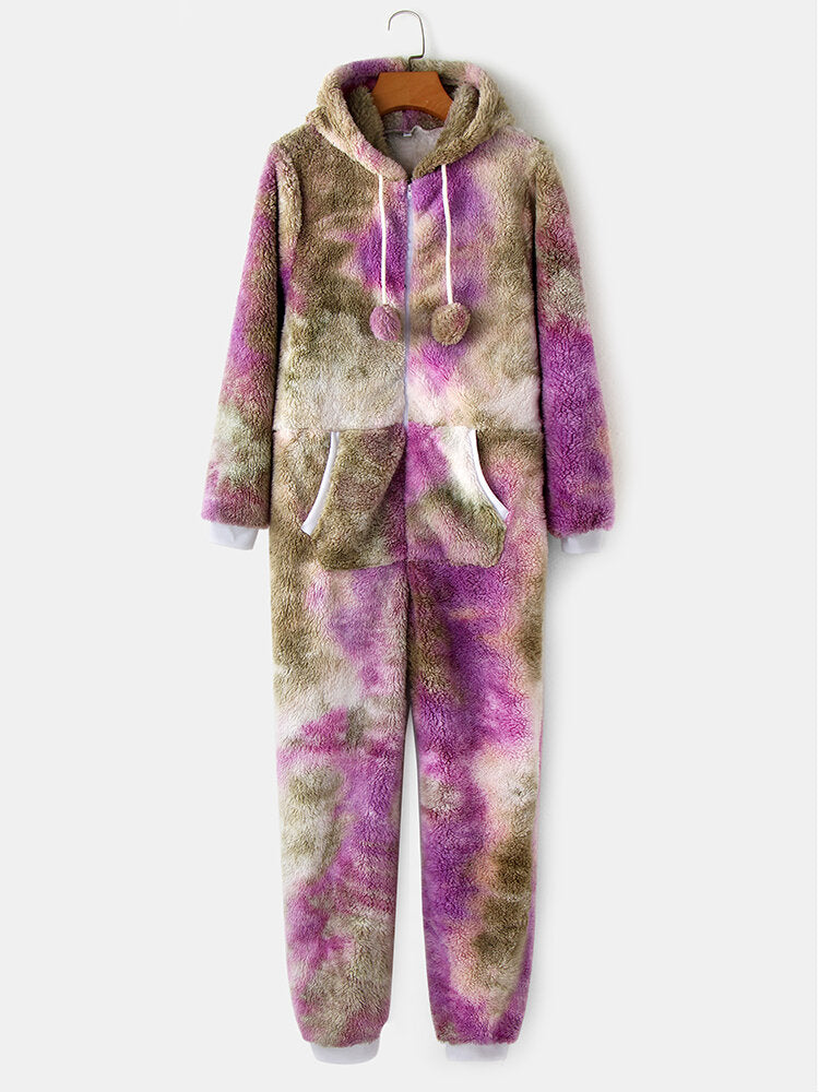 Women Tie Dye Fluffy Plush Zipper Front Kangaroo Pocket Home Jumpsuits Main image