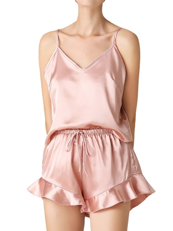 Women's V-Neck Ruffle Vest & Elastic Waist Pajama Set