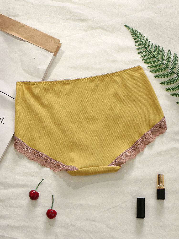 Plus Size Women's Ribbed Lace Trim Bow Cotton Panties - Cozy & Comfortable