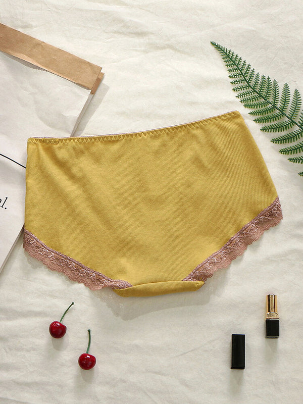 Plus Size Women's Ribbed Lace Trim Bow Cotton Panties - Cozy & Comfortable