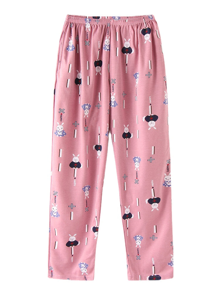 Women's Cartoon Animal Print Pajama Set with Pockets & Elastic Waist, Long Sleeve