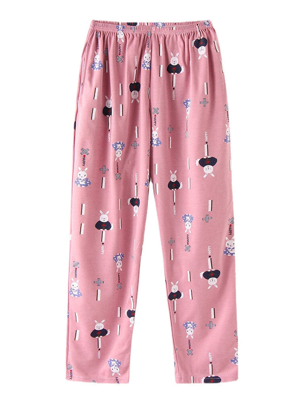 Women's Cartoon Animal Print Pajama Set with Pockets & Elastic Waist, Long Sleeve