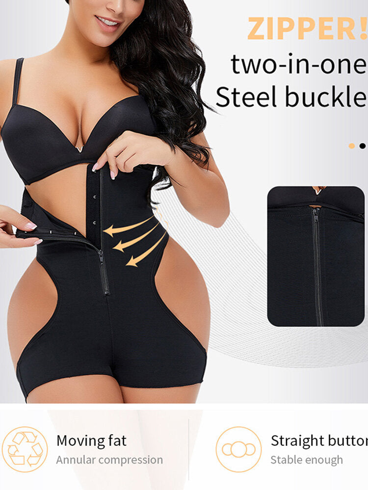 Plus Size Women Cutout Breathable Zip Front Hip Lift High Waist Strappy Bodysuits Shapewear