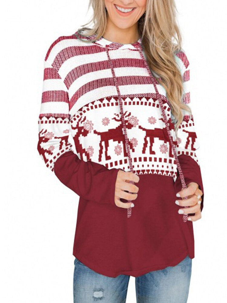 Women Christmas Elk Stripe Patchwork Casual Long Sleeve Drawstring Hoodies