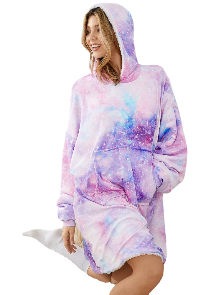 Women's Starry Sky Reversible Blanket Hoodie with Pocket - Oversized, Thick, Comfy Homewear