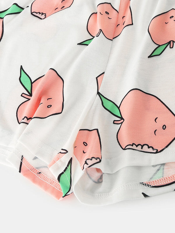 Women's Peach Print Pajama Set - Short Sleeve, Elastic Waist, Casual Homewear
