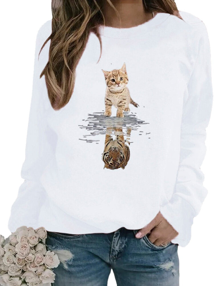 Women Cartoon Animal Cat Print Pullover Long Sleeve Cute Sweatshirts