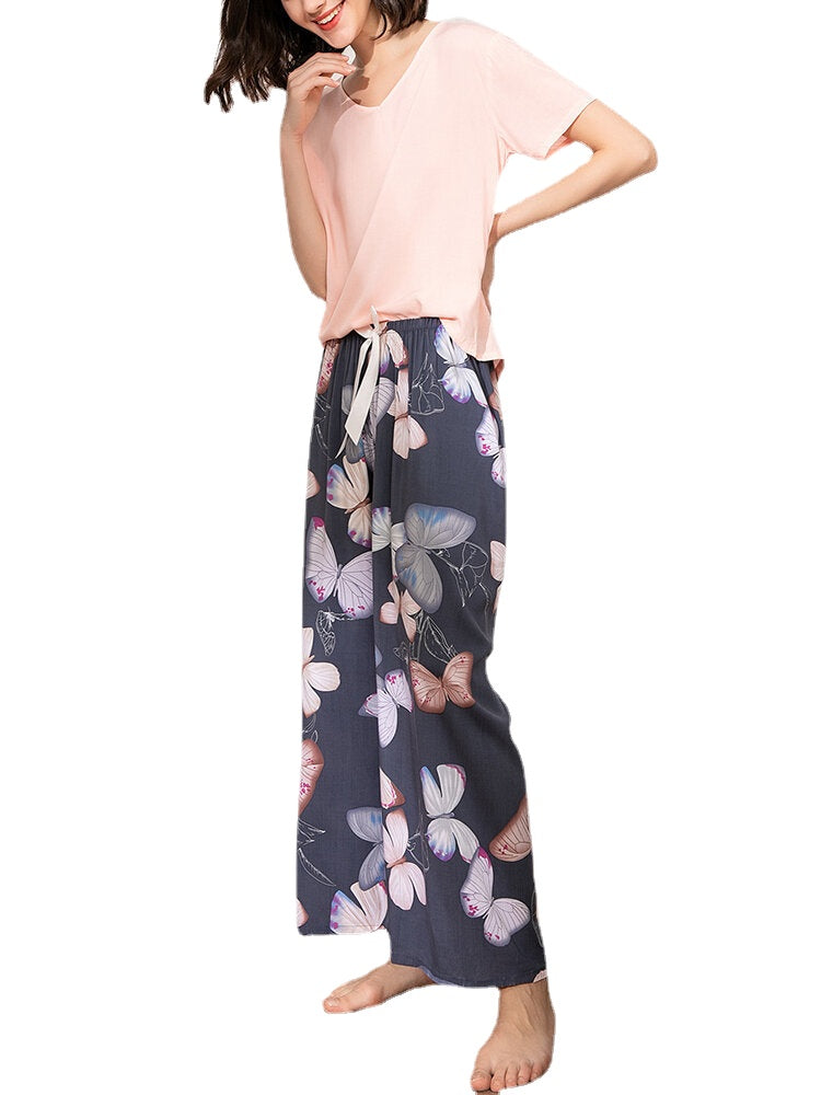 Women's Tropical Floral Pajama Set - Short Sleeve Top & Wide Leg Pants