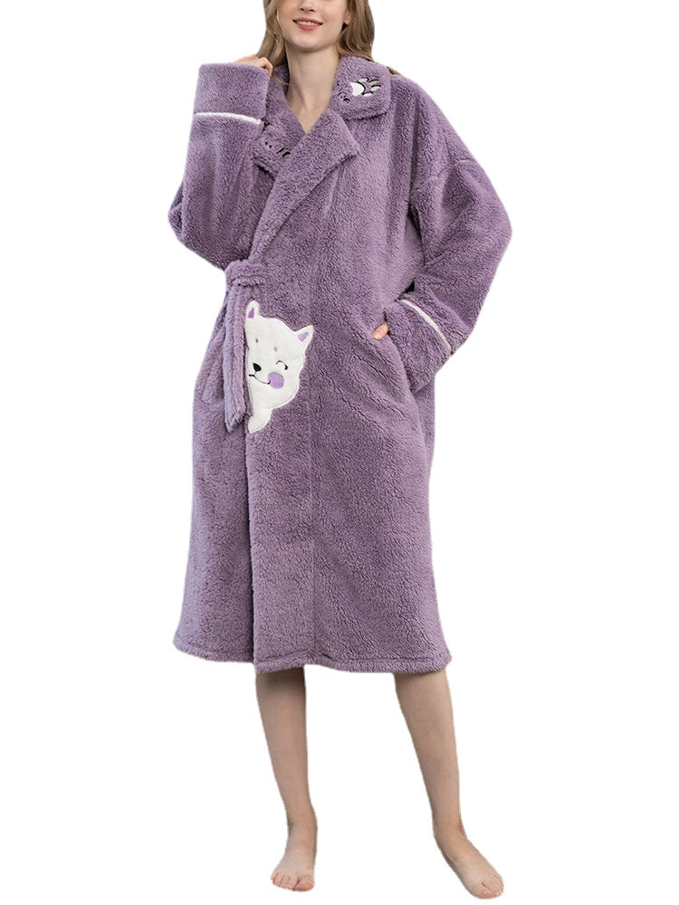 Women's Warm Plush Cat Pattern Sleepwear Robe with Pocket