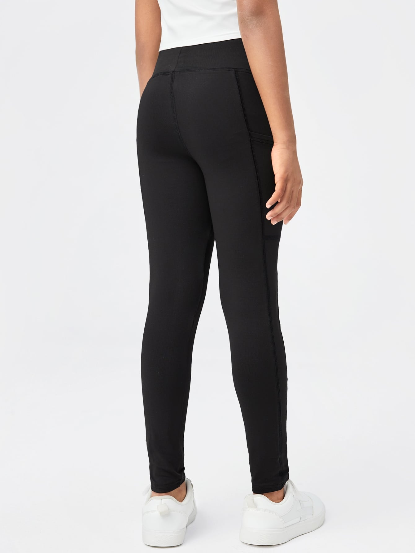Girls' High Waist Bodycon Leggings - Solid Color, Pocket, Long, Slight Stretch Secondary image