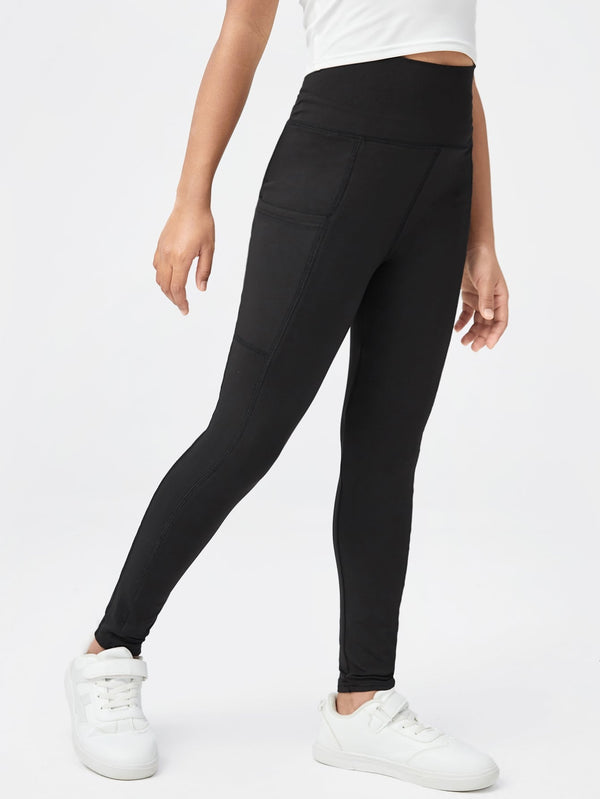 Girls' High Waist Bodycon Leggings - Solid Color, Pocket, Long, Slight Stretch