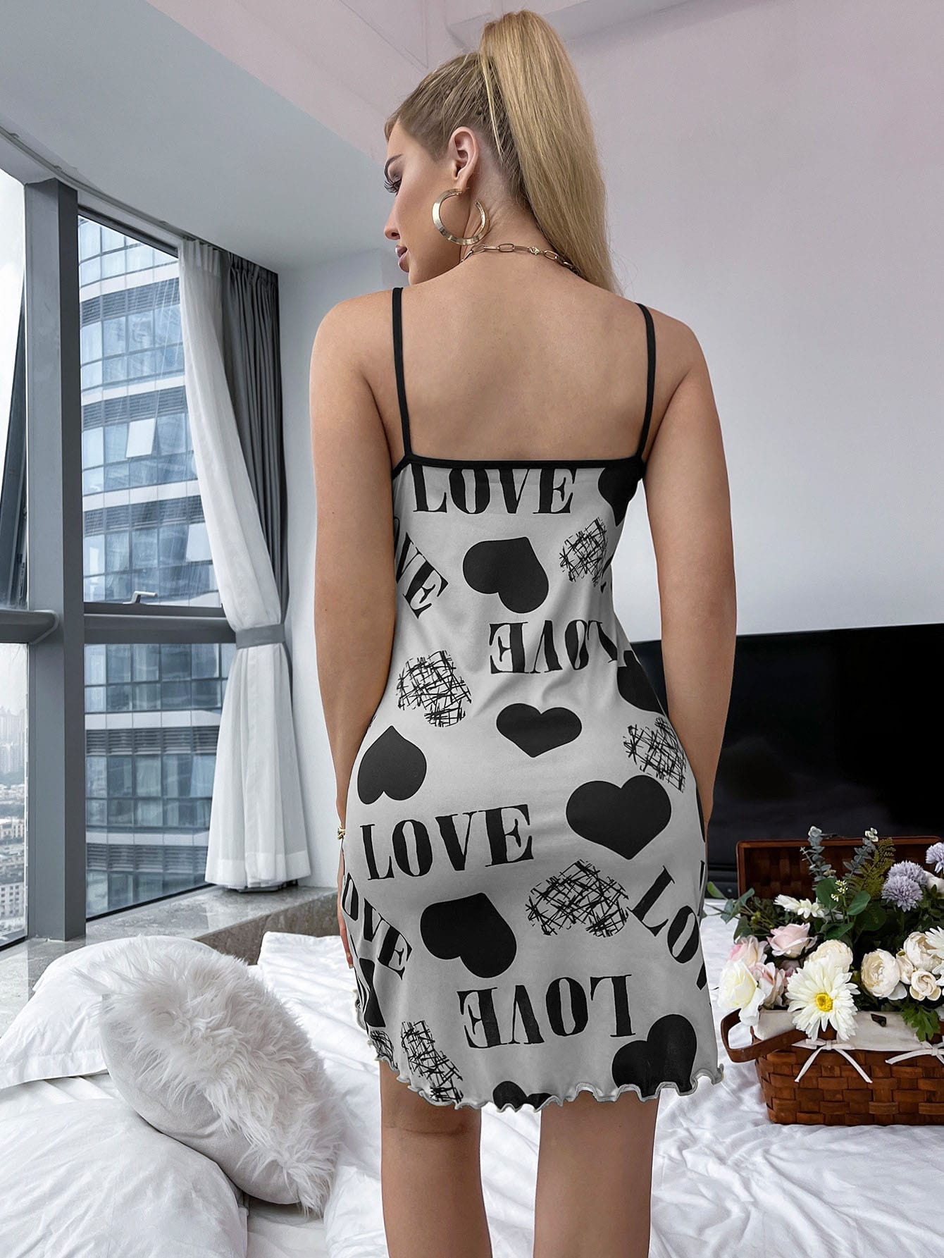 Heart & Letter Graphic Lettuce Trim Contrast Binding Cami Pajama Night Dress Secondary image
